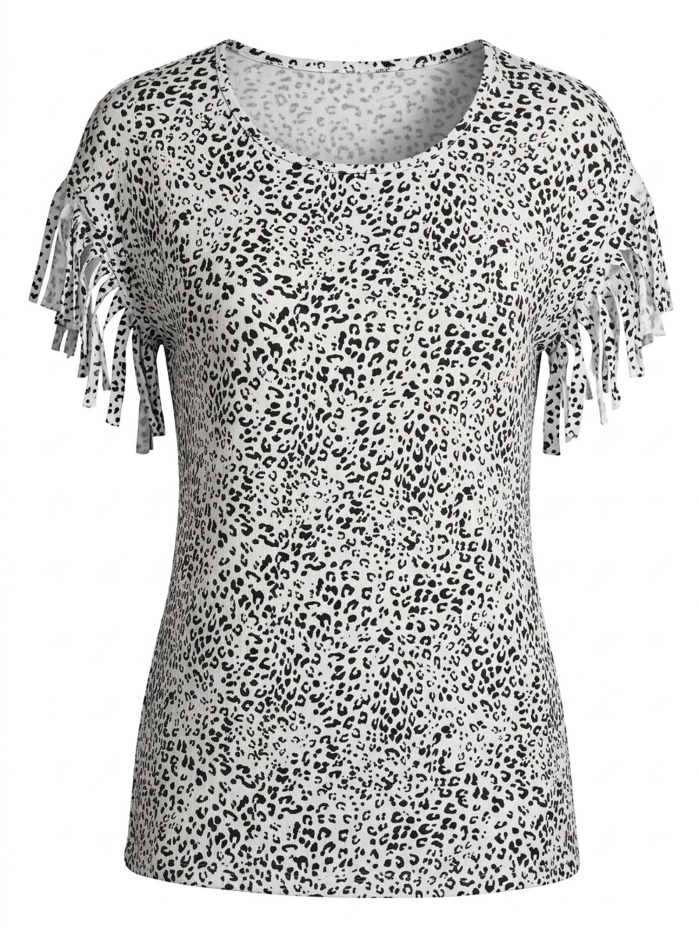 Fringe Sleeve Animal Print Tee - White/Black